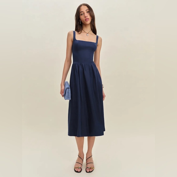 Reformation Women’s Navy Blue Janu Linen Midi Dress Sz 0 NWT - Picture 3 of 6